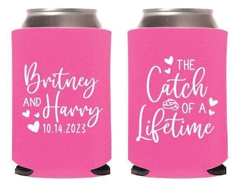 Wedding Beer Huggers, The Catch of a Lifetime Custom Can Coolers, Personalized Wedding Can Cooler Favors, Custom Wedding Beer Huggers (198)