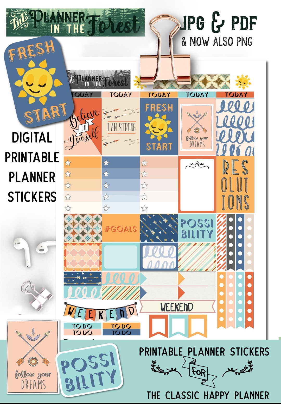 FRESH START ~ New Year Digital Printable Planner Stickers for Classic ...
