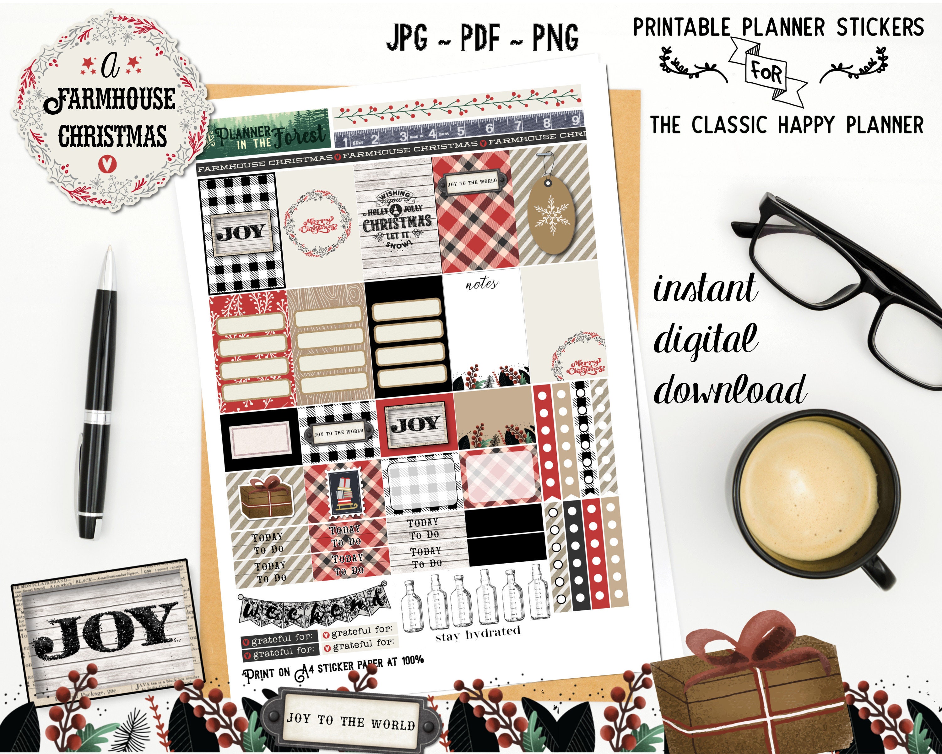 FARMHOUSE CHRISTMAS ~ Rustic Printable Planner Stickers for THP ...