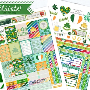 Puede incluir: Un conjunto de pegatinas imprimibles para planificadores con temática del Día de San Patricio. Las pegatinas presentan tréboles, arcoíris, duendes y el texto "Sláinte!" y "Feliz Día de San Patricio".