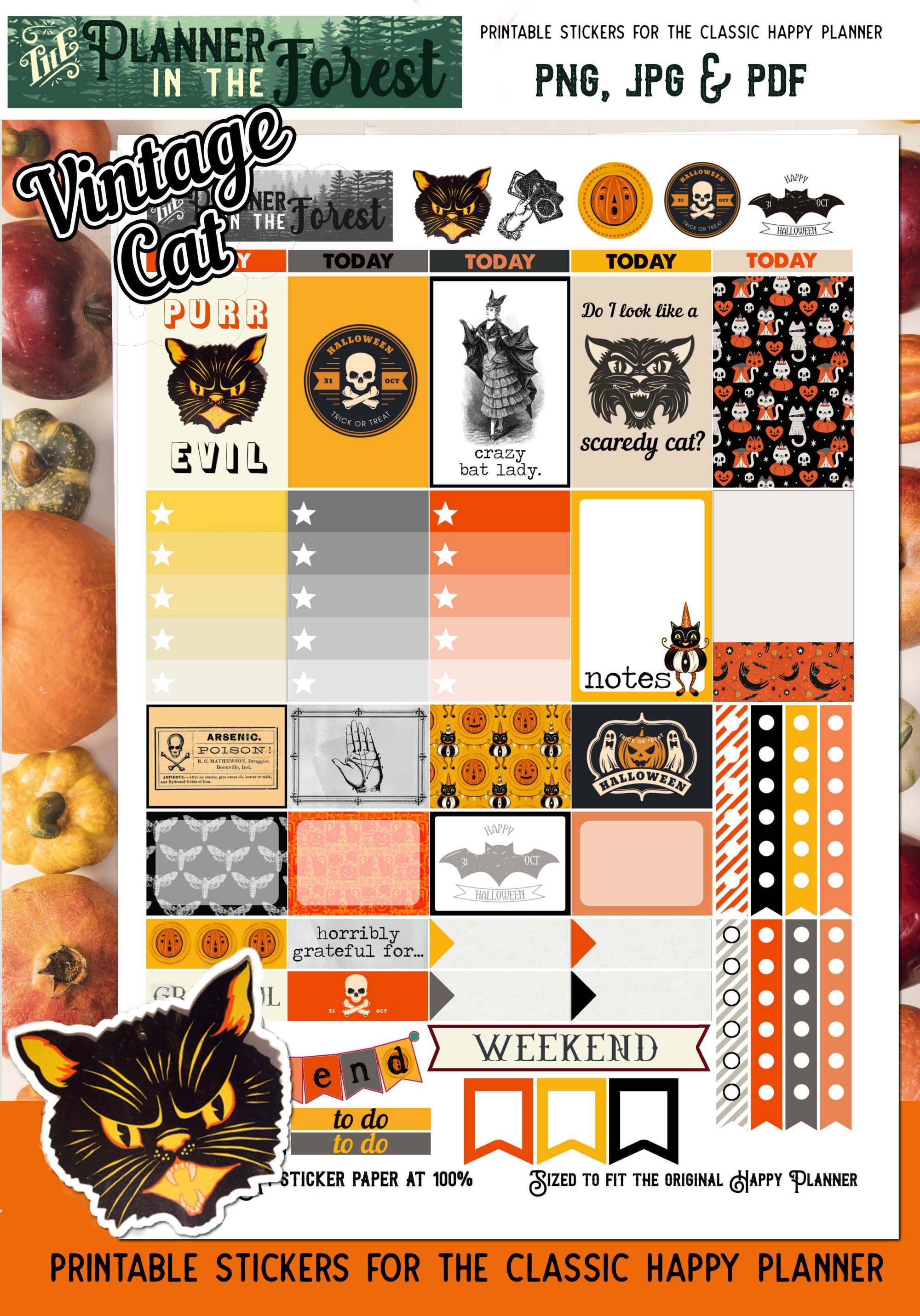 VINTAGE CAT A4 Printable Planner Stickers for Classic HP ~ Halloween ...