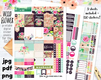 May include: Printable digital sticker sheets for the Erin Condren Life Planner (ECLP) featuring a wildflower theme. The sheets include stickers with floral designs, motivational quotes, and planner essentials like "Hydrate", "Weekend", and "Today To Do".