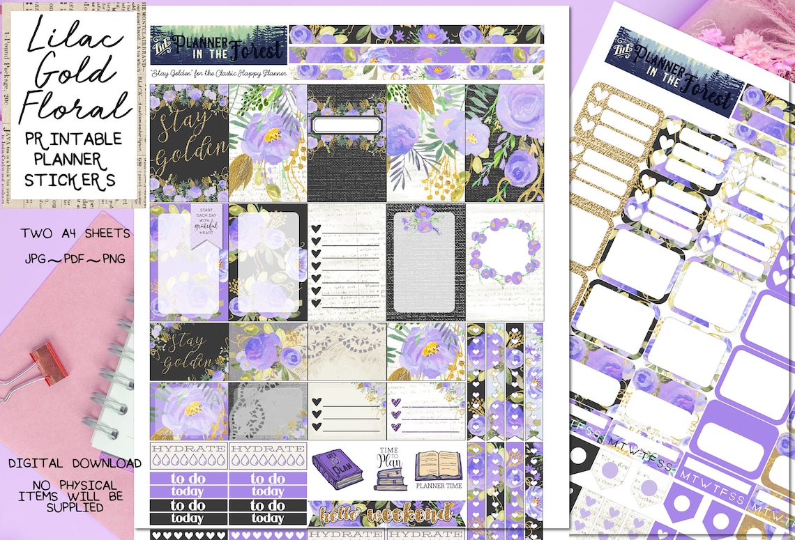 LILAC GOLD FLORAL Printable Planner Stickers for Classic Happy Planner ...