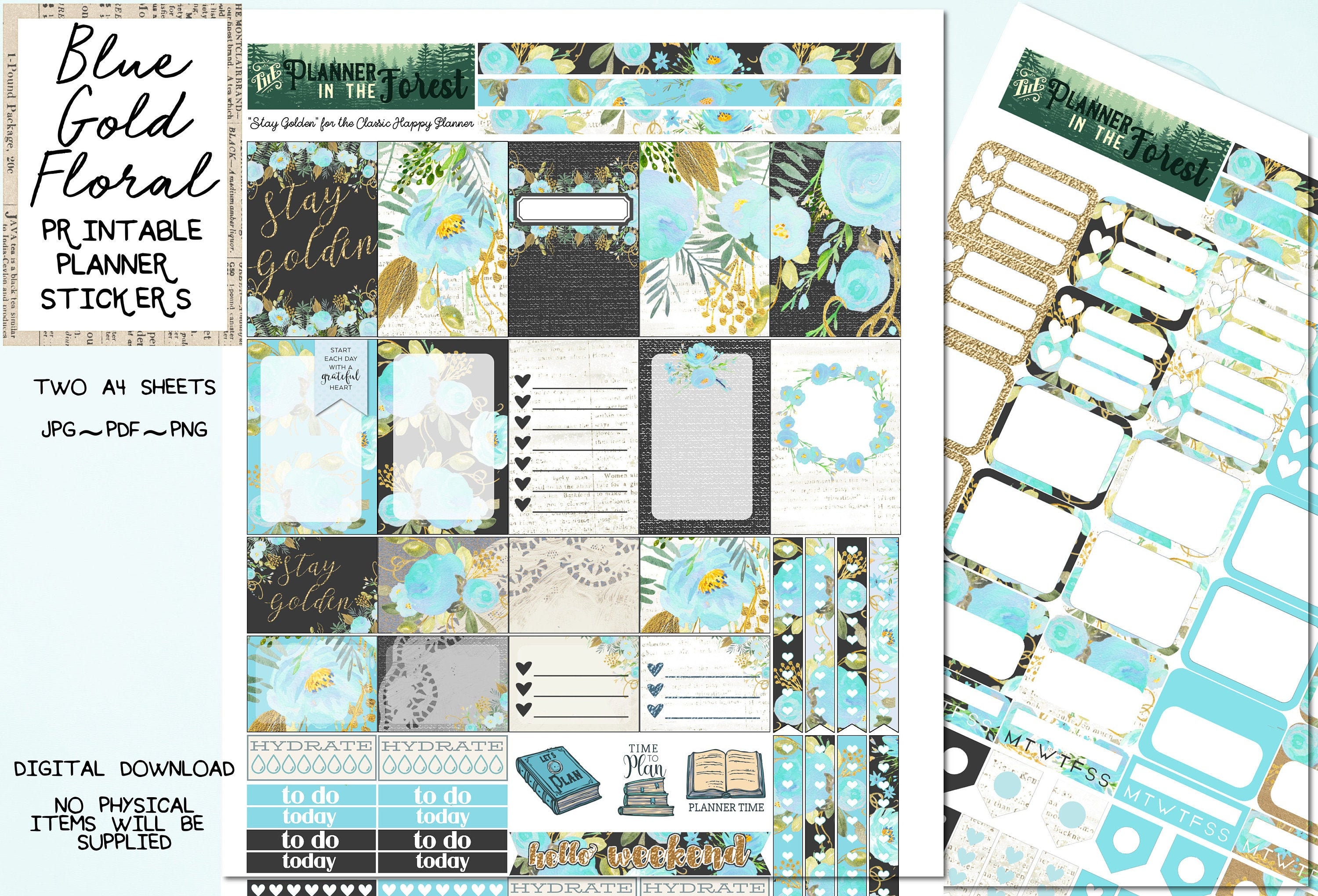 BLUE GOLD FLORAL ~ Printable Planner Stickers for Classic Happy Planner ...