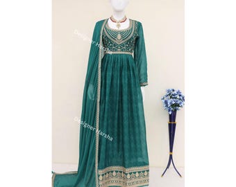 Abito da cerimonia speciale per il Ramadan, abito Anarkali in chiffon di seta ricamato, abito indiano per occasioni di matrimonio.
