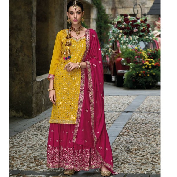 Yellow-Pink Color Designer Salwar Kameez Sharara-Plazzo Suit Heavy Embroidery Work Pakistani Wedding Party Wear Shalwar Kameez Dupatta Dress