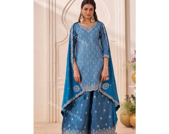 Traje palazzo Sharara bordado en azul, trajes pakistaníes para Eid, vestidos de recepción de boda india