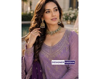 Completo Salwar Kameez Palazzo in Chinon ricamato, abito etnico da festa indiano per Diwali, firmato