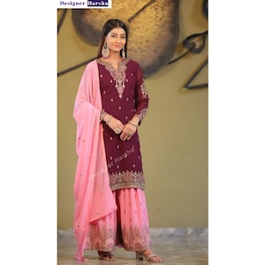 Pakistani Wedding Clothes for Women, Long Sleeve Kameez with Dresses, Georgette Embroidered Kurta with Sharara Suits, Indian Wedding fashion
