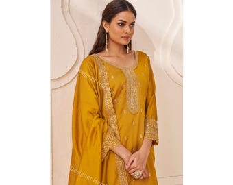 Embroidered Silk Georgette Shalwar Kameez , Indian Haldi wear Yellow Outfit , Kurti set with Dupatta