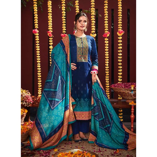 Amusing Blue Color Printed Bandhani Jam Satin Shalwar Kameez Dupatta Dresses Punjabi Plus-Free Size Women's Wear Straight Trouser Pant Suits