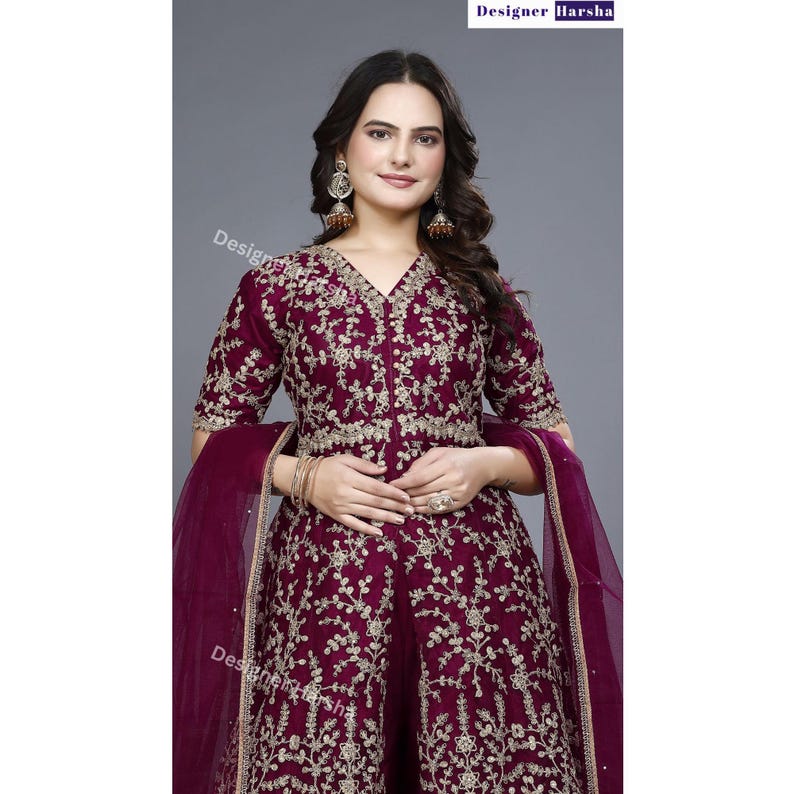Heavy Embroidered Anarkali Top with Palazzo Suit, Pakistani Salwar Kameez with Net Dupatta image 5