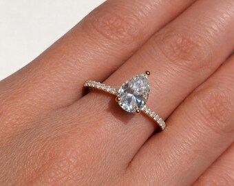 Pear Shaped Diamond Ring, Hidden Halo Engagement Ring, Pave Setting, 14k Yellow Gold 1.5 Carat Moissanite