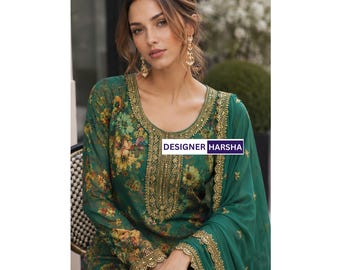 Designer Printed Chinon Shalwar Kameez Pant Suit , Pakistani Indian Ethnic Outfits for Women