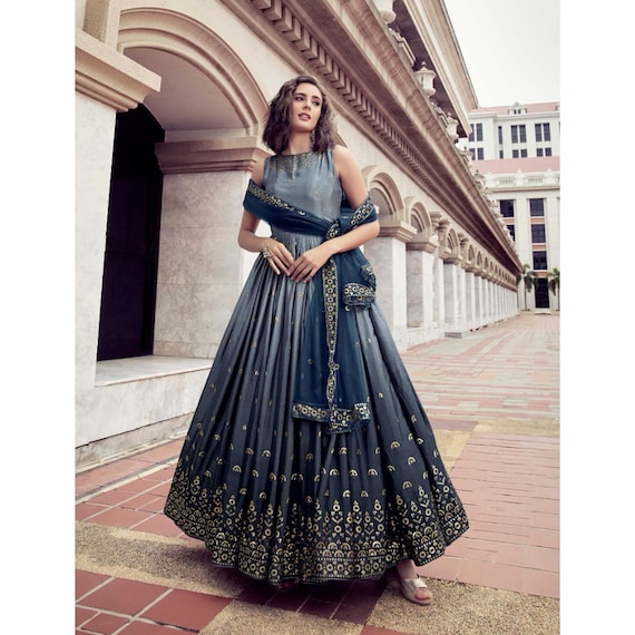 DESIGNER LONG GOWN BOTTOM WITH DUPATTA EMBROIDERY WORK FULL SLEEVES PARTY  WEAR SEMI STITCHED – Ethnicgarment