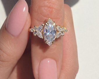 Marquise Diamond Engagement Ring, Cluster Ring, 14k Gold Wedding Band, Ring for Women, 2 Carat Moissanite, Proposal Ring for Her