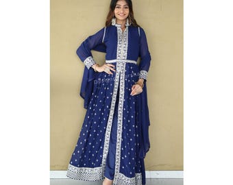 Eid Party wear Dress, Slit Anarkali Gown Suit, Georgette Stitched Gown, Wedding Reception Dresses