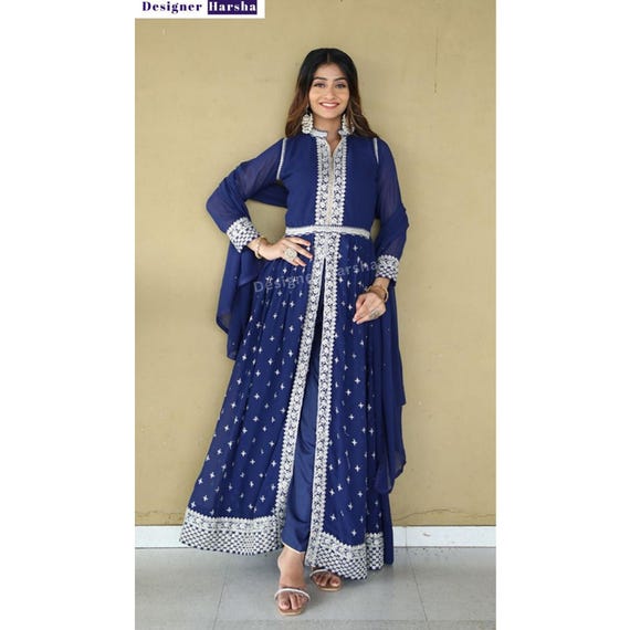 Eid Party wear Dress, Slit Anarkali Gown Suit, Georgette Stitched Gown, Wedding Reception Dresses