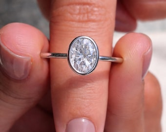 1.5 Carat Oval Diamond Moissanite Ring, 10k White Gold Solitaire Engagement Ring with Bezel Setting