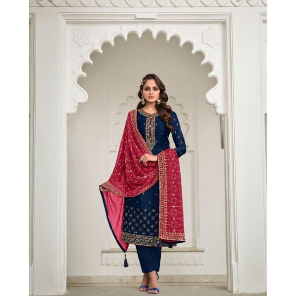 Diseñador de color azul hecho a mano Shalwar Kameez Dupatta vestidos paquistaníes indios ropa de boda bordado pesado trabajado pantalón recto traje de pantalón