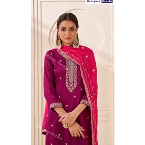 Embroidered Silk Georgette Salwar Kameez 3 piece Set, Purple Palazzo Kameez Suit image 2