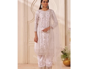 White Salwar Kameez with Dupatta Dresses, Embroidery Cording Work, Islamic Women Wear, Pakistani Palazzo Suits, Stunning Wedding Guest Dress