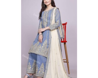 Embroidered Organza Silk Shalwar Kameez, Indian Palazzo Pant Suit