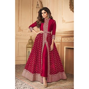 Eid Party Wear Designer Slit Anarkali Gown Suit Heavy Embroidery Stone Worked Pakistani Wedding Functions Wear Long Anarkali Dupatta Dresses