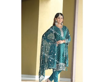 Pakistani Salwar Kameez with Dupatta, Straight Trouser Pant Suit, Plus-Free Size Women Dress