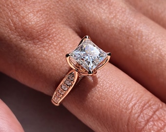 Pave Band Women's Engagement Ring, Princess Cut Moissanite 14k Yellow Gold Ring, 4 Prong Setting