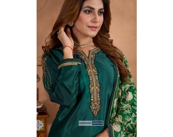 Trajes Salwar Kameez de color verde, traje Kurti de georgette y vestidos Dupatta con bordados elaborados.