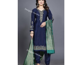 Embroidered Satin Georgette Churidar Salwar Kameez with Banarasi Dupatta Dresses for Women