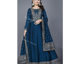 Special Occasion Wear, Indian Western Outfits, Ready-made Anarkali Gown, Eid Party Wear Blue Anarkali Dress, Wedding-Reception Guest Dresses