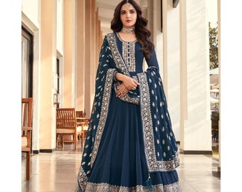 Indian Pakistani Reception Wear Designer Floor Touch Anarkali Gown Suits Heavy Embroidery Work Stylish Long Georgette Anarkali Dupatta Dress