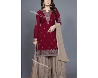 Ropa de tallas grandes para mujer, traje Sharara Plazzo de georgette bordado, vestidos para la ceremonia Nikah punjabi.