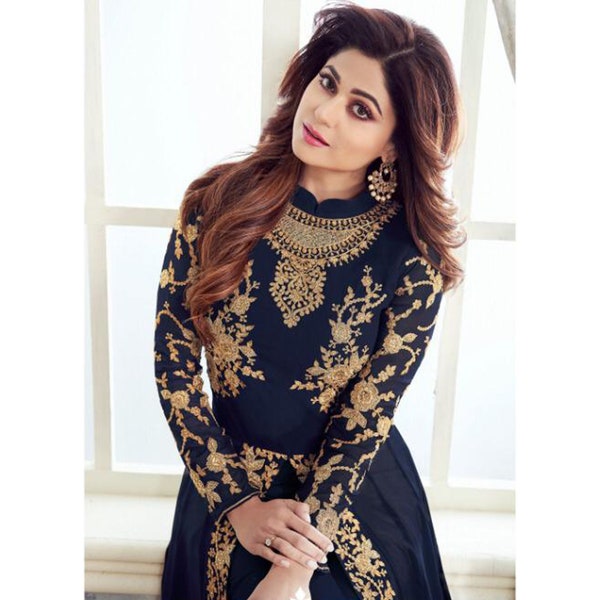 Bollywood Stylish Designer Slit Anarkali Gown Suits Pakistani Indian Wedding Wear Heavy Embroidery Worked Georgette Anarkali Dupatta Dresses