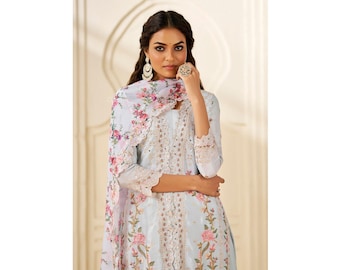 Free-Plus Size Indian Outfit, Embroidered Chinon Silk Shalwar Kameez Plazzo Suit