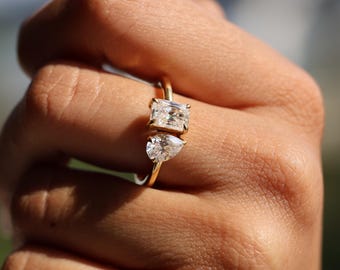 1.50 CT Pear and Radiant Cut Moissanite Engagement Ring, Toi Et Moi Two Stone 14k Solid Gold Ring, You & Me Anniversary Gift Ring