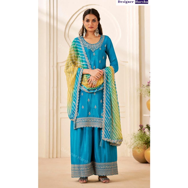 Eid spezielles pakistanisches Kleid, gestickter Chinon Salwar Kameez Plazzo-Anzug, indische Abendkleidung Outfit Choice - 2