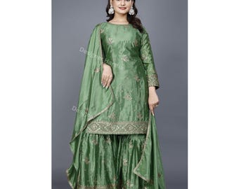 Vestidos del diseñador paquistaní Salwar Kameez, trajes Sharara-Gharara bordados de seda
