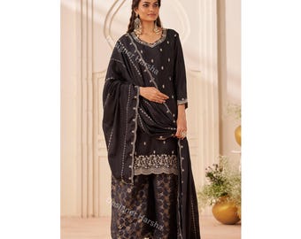 Pakistani Women's wear Eid Outfit, Black Embroidered Chinon Salwar Kameez Palazzo Suits