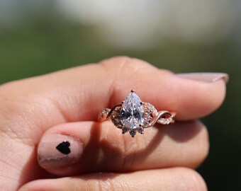 2ct Pear Shaped Engagement Ring Rose Gold / Teardrop Diamond Twisted Band Ring / Unique Bridal Promise Rings