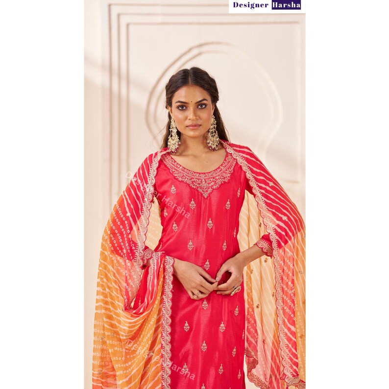 Eid spezielles pakistanisches Kleid, gestickter Chinon Salwar Kameez Plazzo-Anzug, indische Abendkleidung Outfit Bild 4