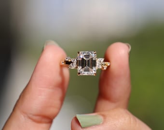1.50 Carat Emerald Shape Diamond Engagement Ring / 14k Yellow Gold Solitaire Ring with Side Stones / Unique Fine Jewelry Gift