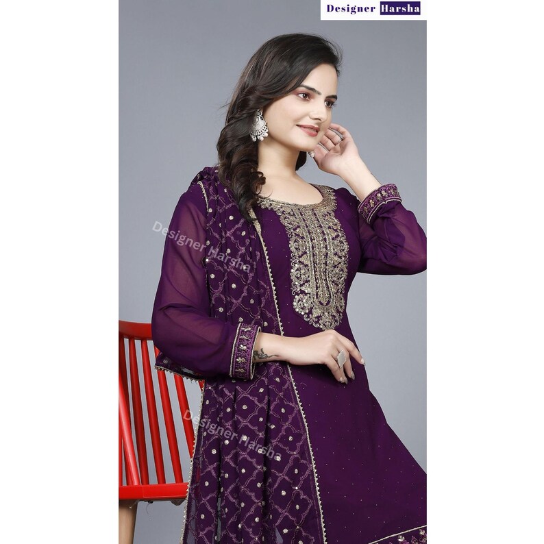 Pakistani Eid Party wear Outfit, Green Embroidered Georgette Salwar Kameez Suits image 5