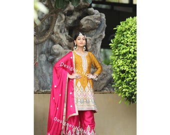 Pakistani Traditional Clothing for Women, Yellow-Pink Embroidered Salwar Kameez Dupatta Suit, Punjabi Wear Outfits