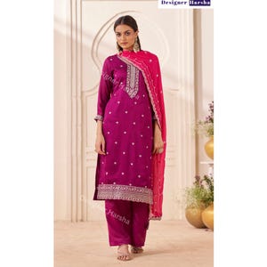 Embroidered Silk Georgette Salwar Kameez 3 piece Set, Purple Palazzo Kameez Suit image 1