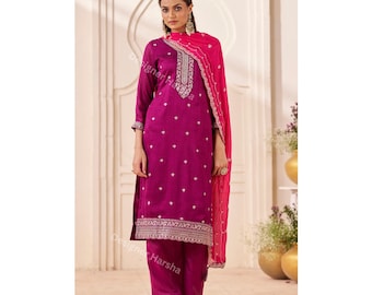 Embroidered Silk Georgette Salwar Kameez 3 piece Set, Purple Palazzo Kameez Suit