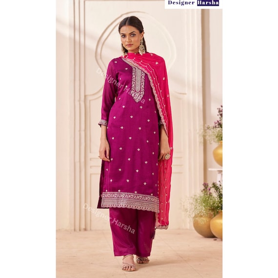 Embroidered Silk Georgette Salwar Kameez 3 piece Set, Purple Palazzo Kameez Suit