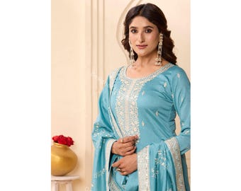 Completo Salwar Kameez in seta del Sud Asia, con ricami elaborati, ideale per matrimoni ed Eid, perfetto per le donne.